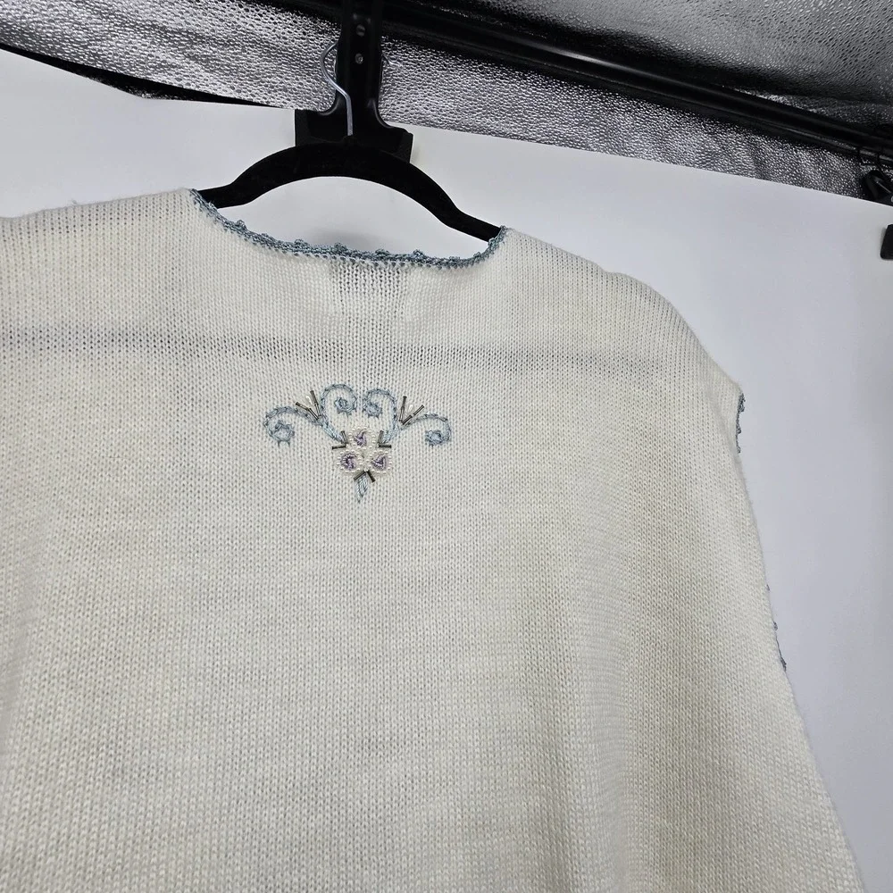 Vintage Koret Embroidered Sweater Vest Women 2X Ivory Beads Boho Cottage Grandma